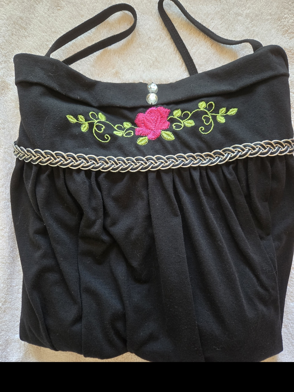 Black Embroidered Spaghetti Strap Top with Pink Rose Detail
